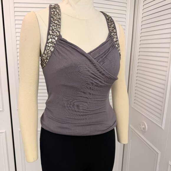 Vintage Cache Grey Top w/ Stones Sz. S (M) Sleeveless Figure Flattering - Picture 9 of 16